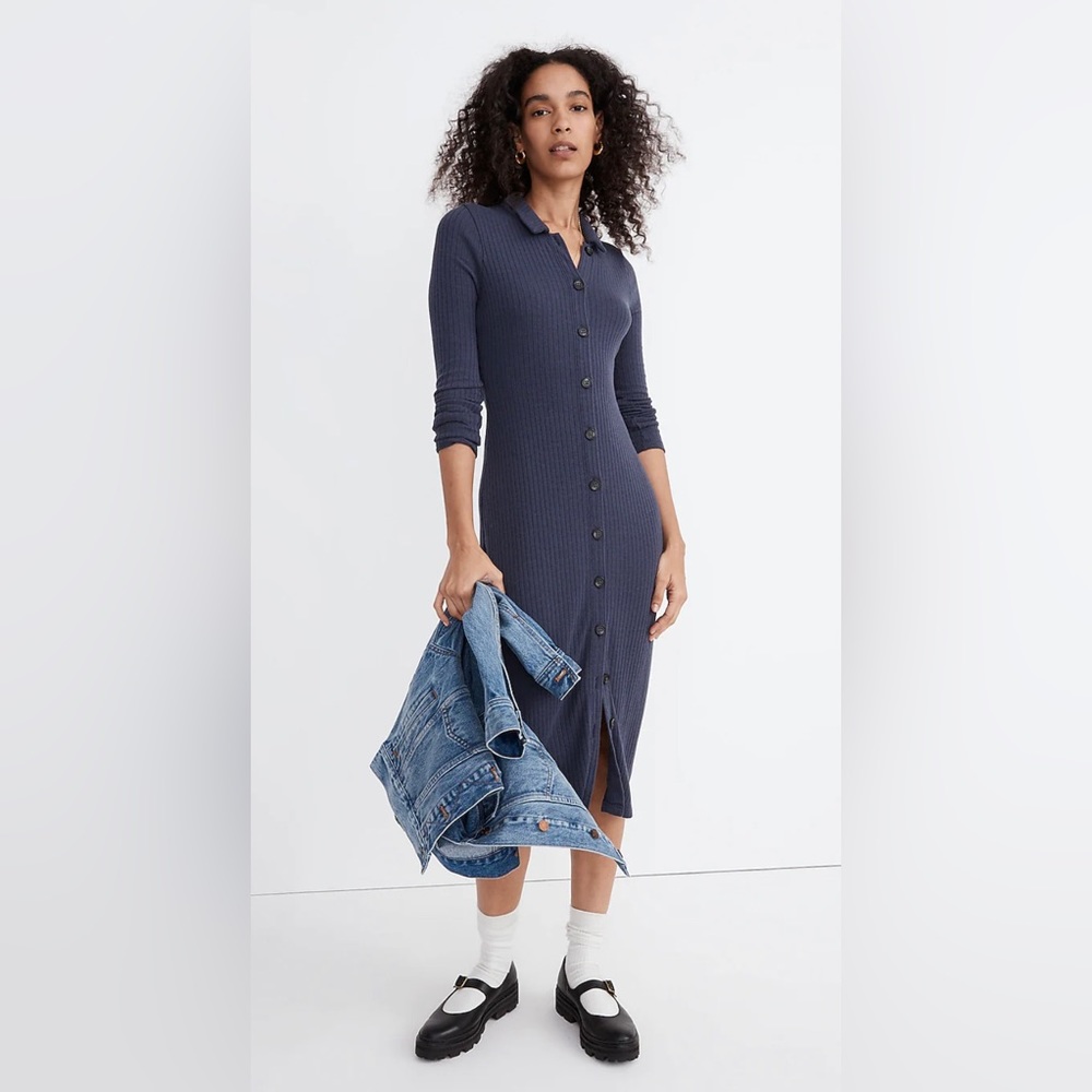 MADEWELL | SIZE S | Long Sleeve Button-Up Midi Shirtdress | Color: Dark Baltic